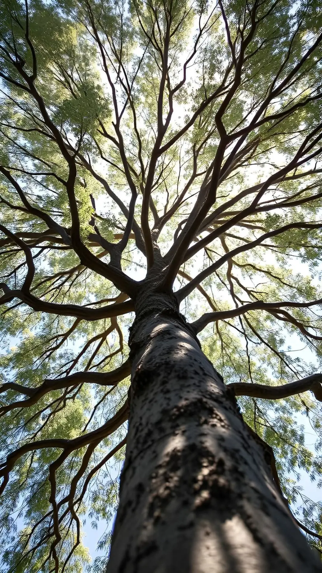 Looking up into a sunlit grove of trees